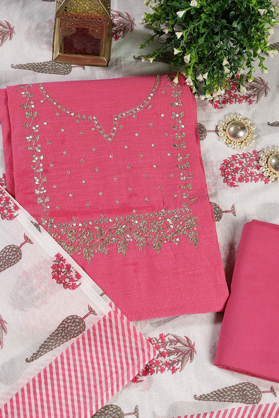 Pink Cotton Gota Patti and Zari Work Unstitched Suit Material