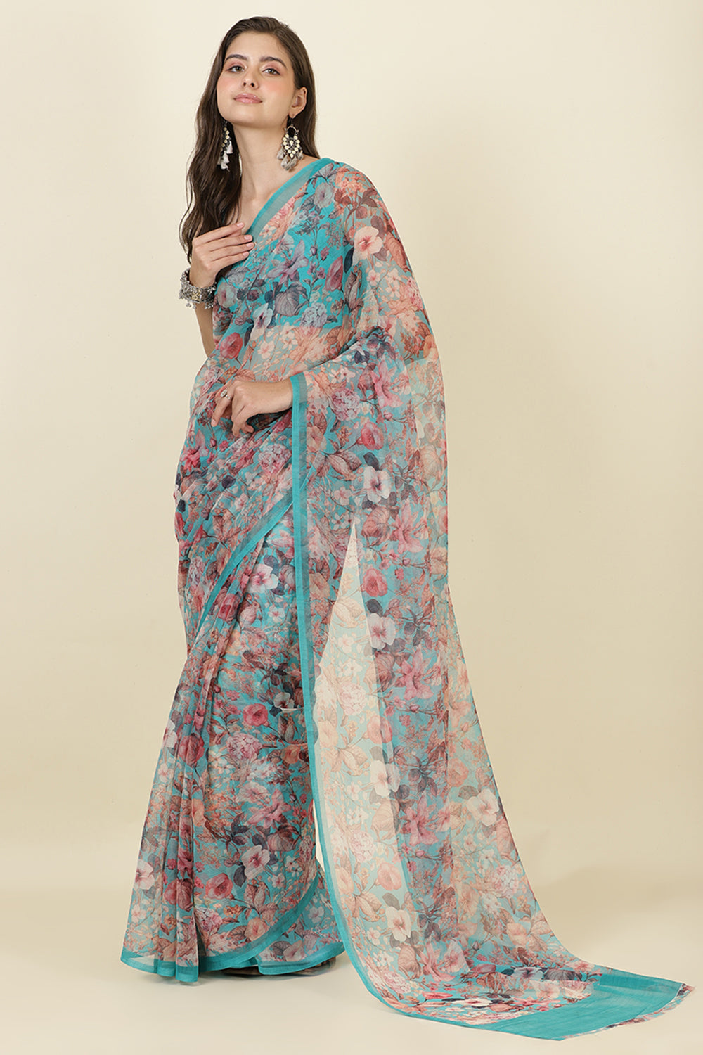 Turquoise Floral Printed Chiffon Saree