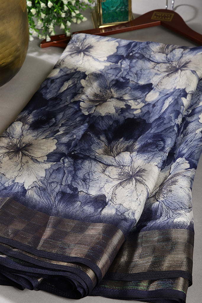 Navy Color Chiffon Floral Printed Saree