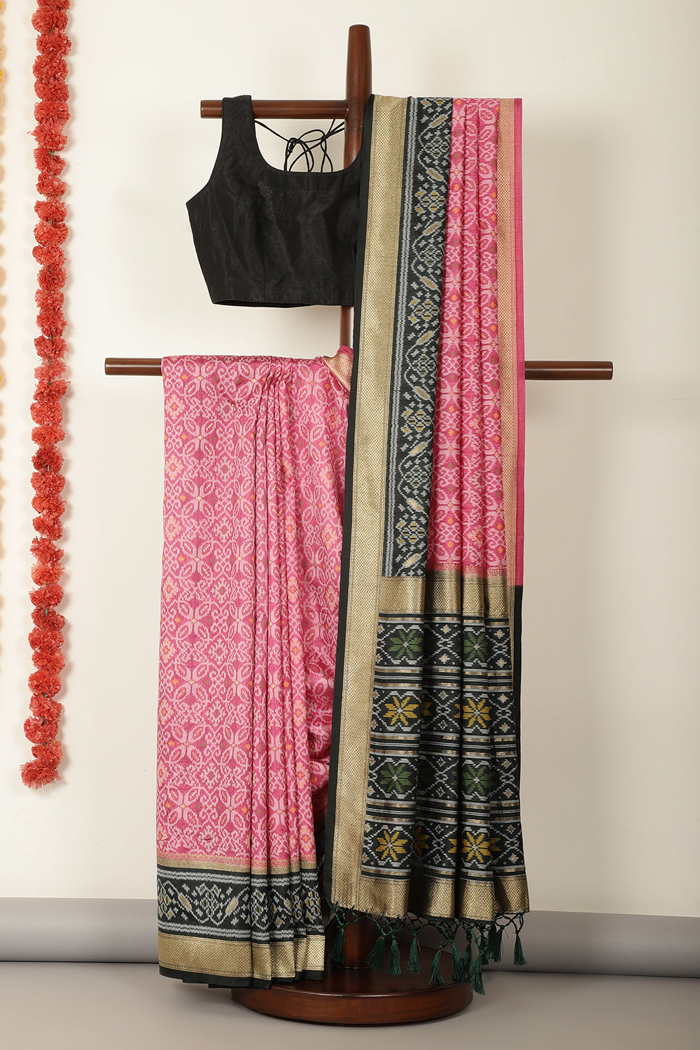 Dusty Pink & Green Dual Toned Tussar Silk Patola Woven Saree