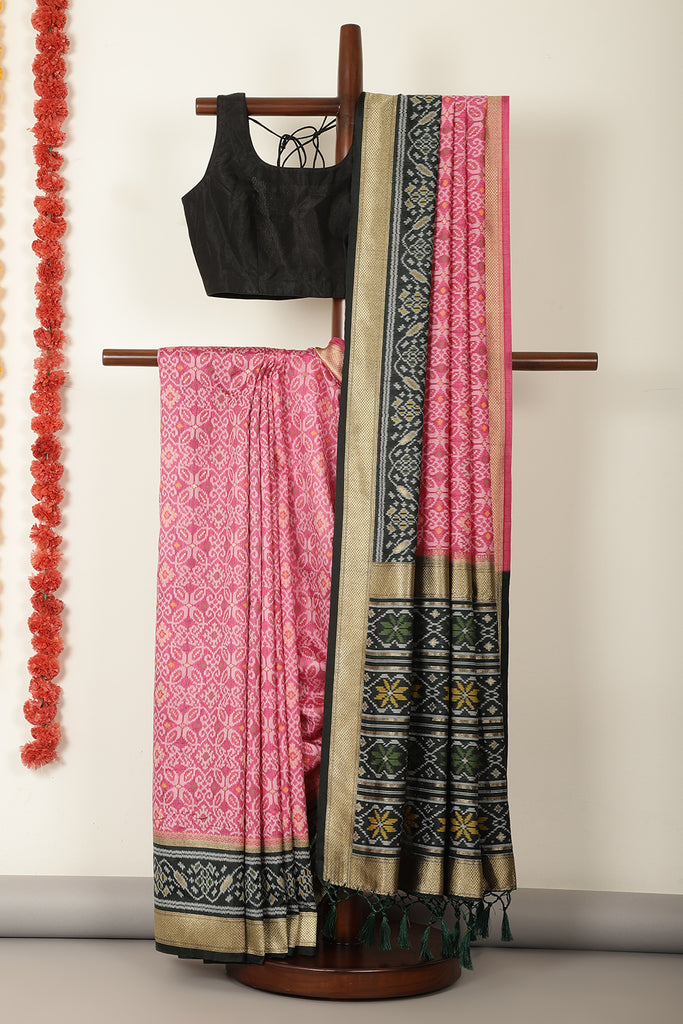 Dusty Pink & Green Dual Toned Tussar Silk Patola Woven Saree