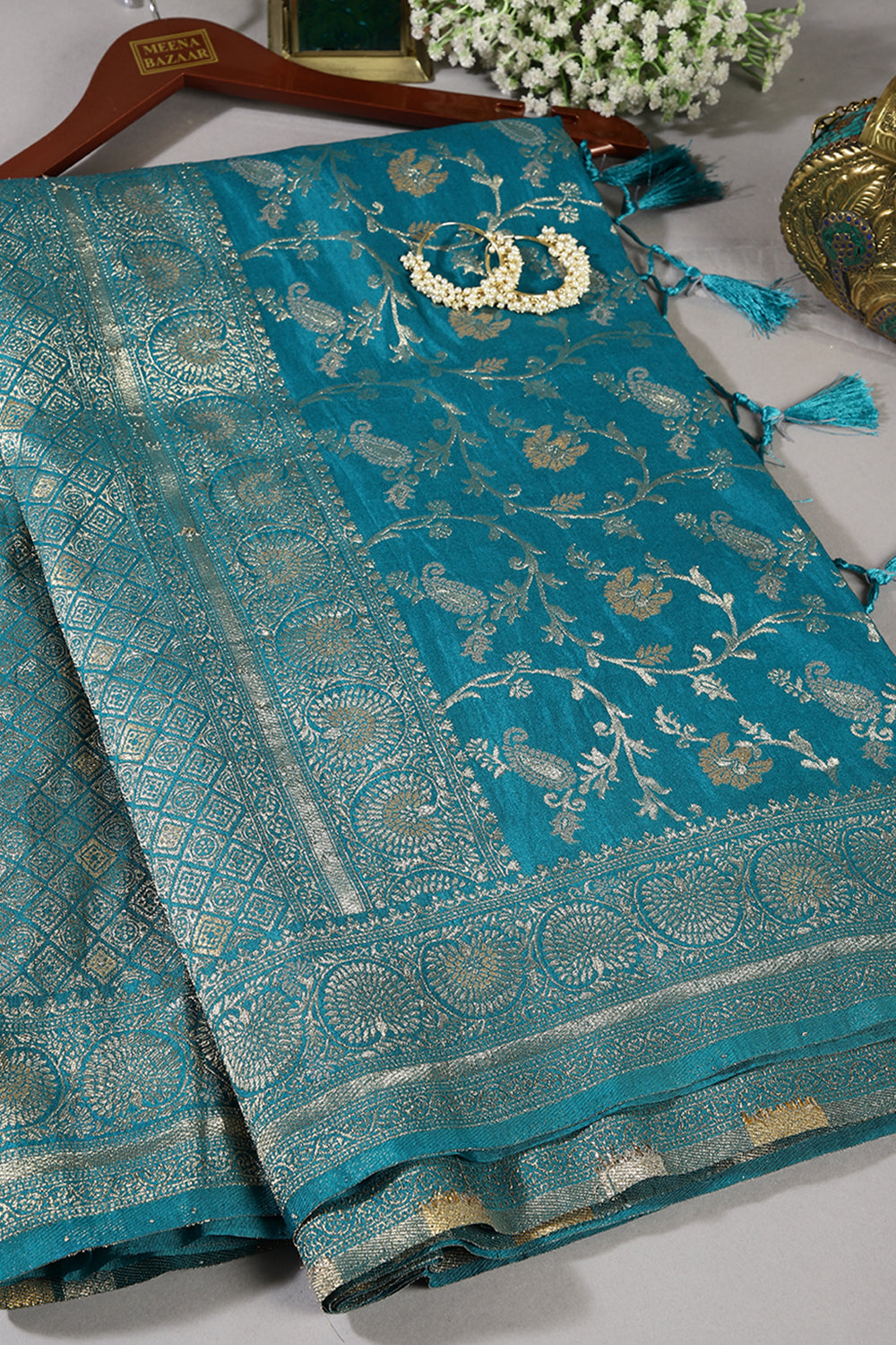 Dark Aqua Colour Zari Woven South Silk Saree