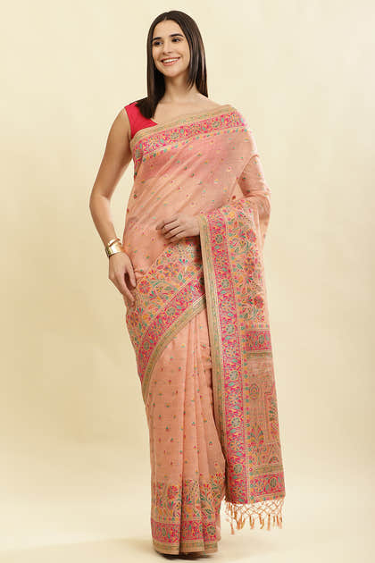 Peach Chanderi Cotton kashida Weaves Saree