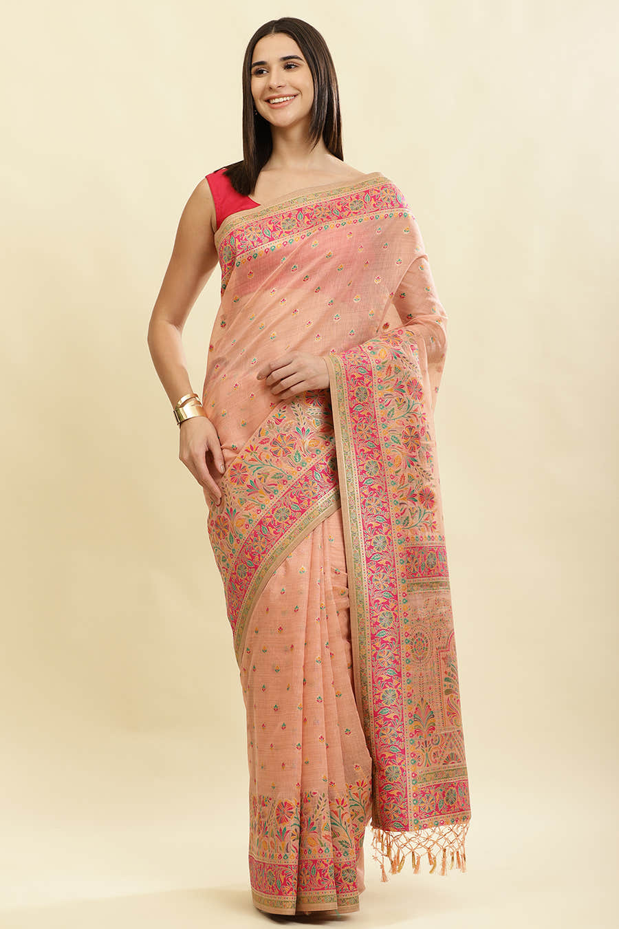 Peach Chanderi Cotton kashida Weaves Saree