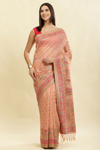 Peach Chanderi Cotton kashida Weaves Saree
