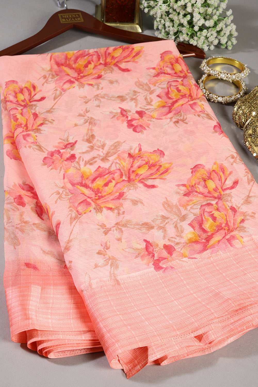 Baby Pink Color Floral Printed Chiffon Saree