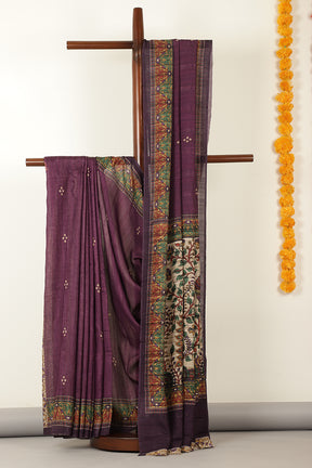 Purple Madhubani Printed Tussar Silk Saree