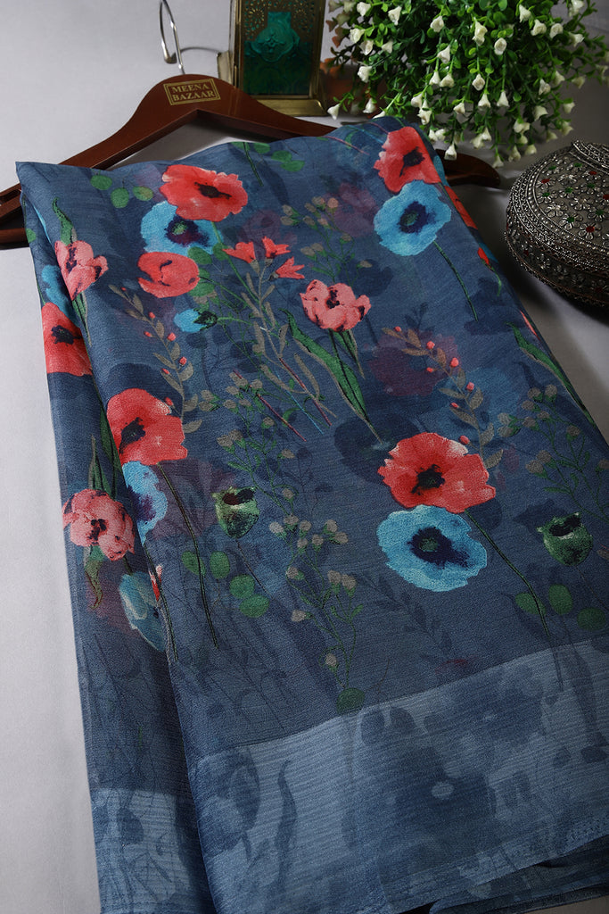 Blue Color Floral Printed Chiffon Saree