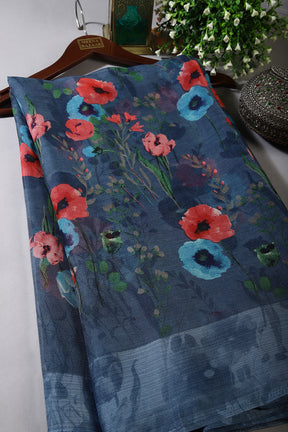 Blue Color Floral Printed Chiffon Saree