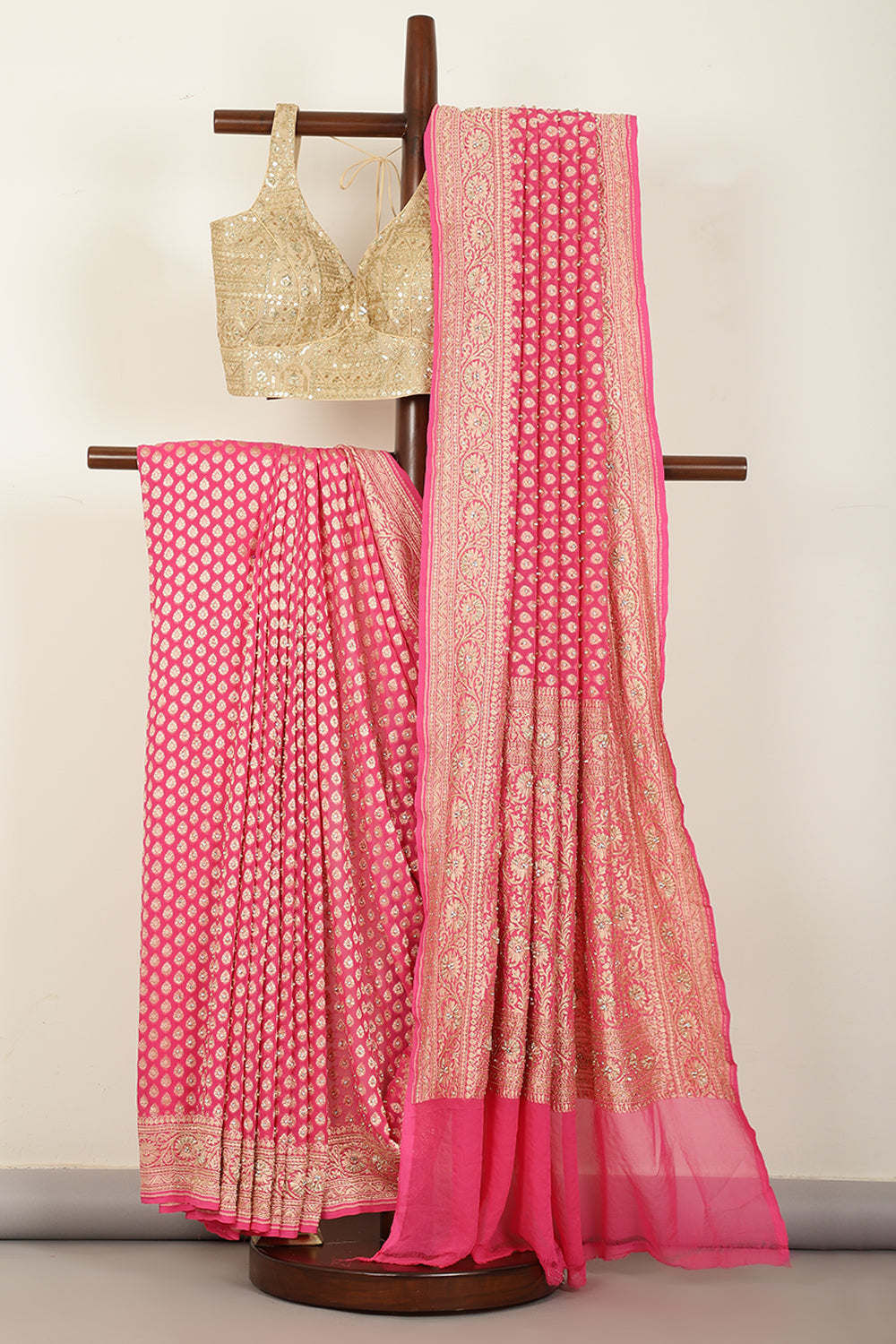 Pink Pure Khaddi Georgette Banarasi Saree with Paisley Small Butti & Zardozi Handwork