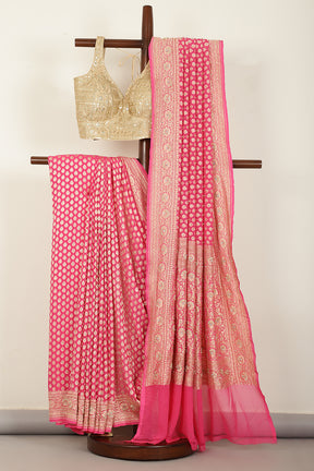 Pink Pure Khaddi Georgette Banarasi Saree with Paisley Small Butti & Zardozi Handwork