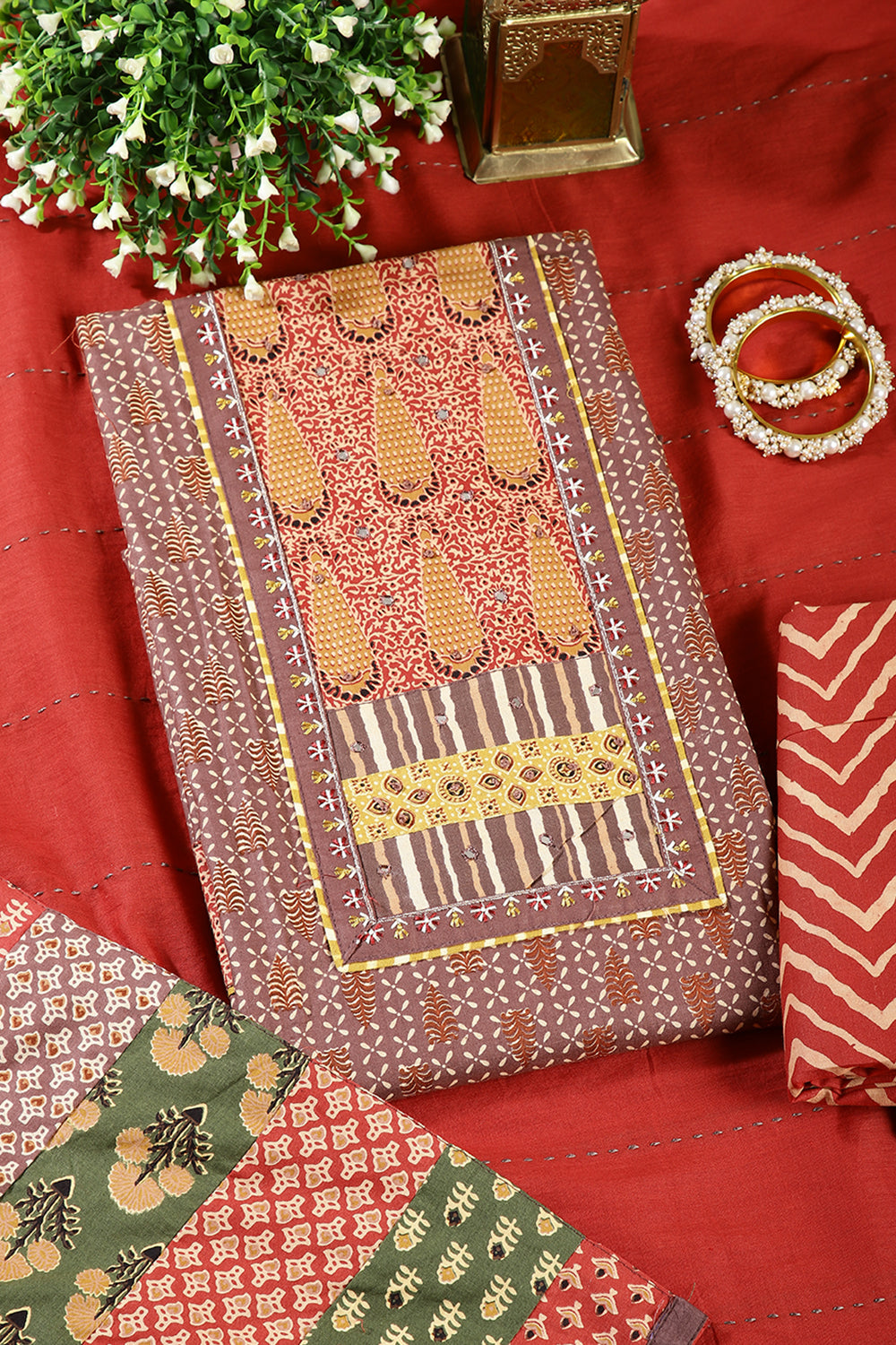 Brown & Marron Color Twill Cotton Printed Unstitched Suit Material