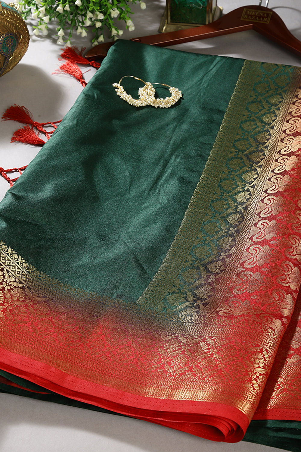 Bottle Green & Red Ombré  Silk Zari Woven Saree