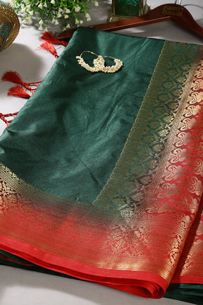 Bottle Green & Red Ombré  Silk Zari Woven Saree