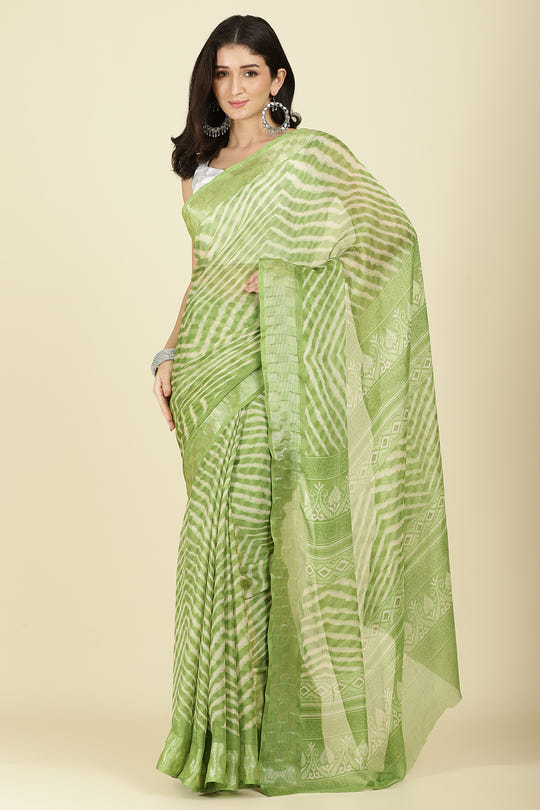 Olive Green Color Chiffon Leheriya Printed Saree
