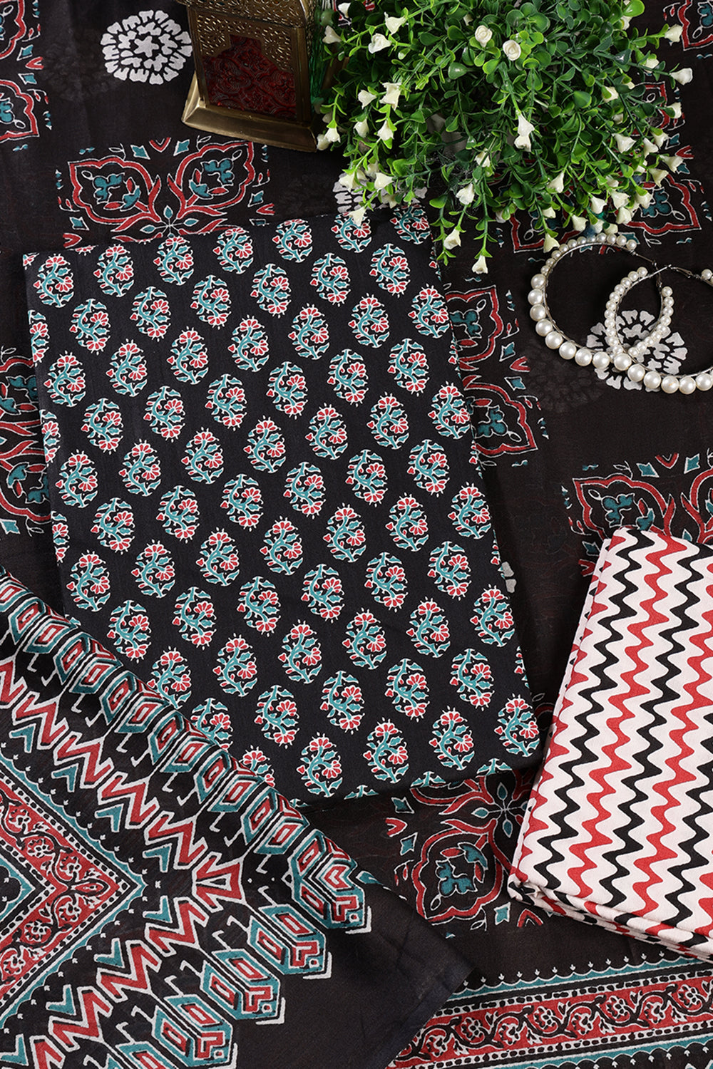 Black Poplin Cotton Printed Unstitched Suit Material