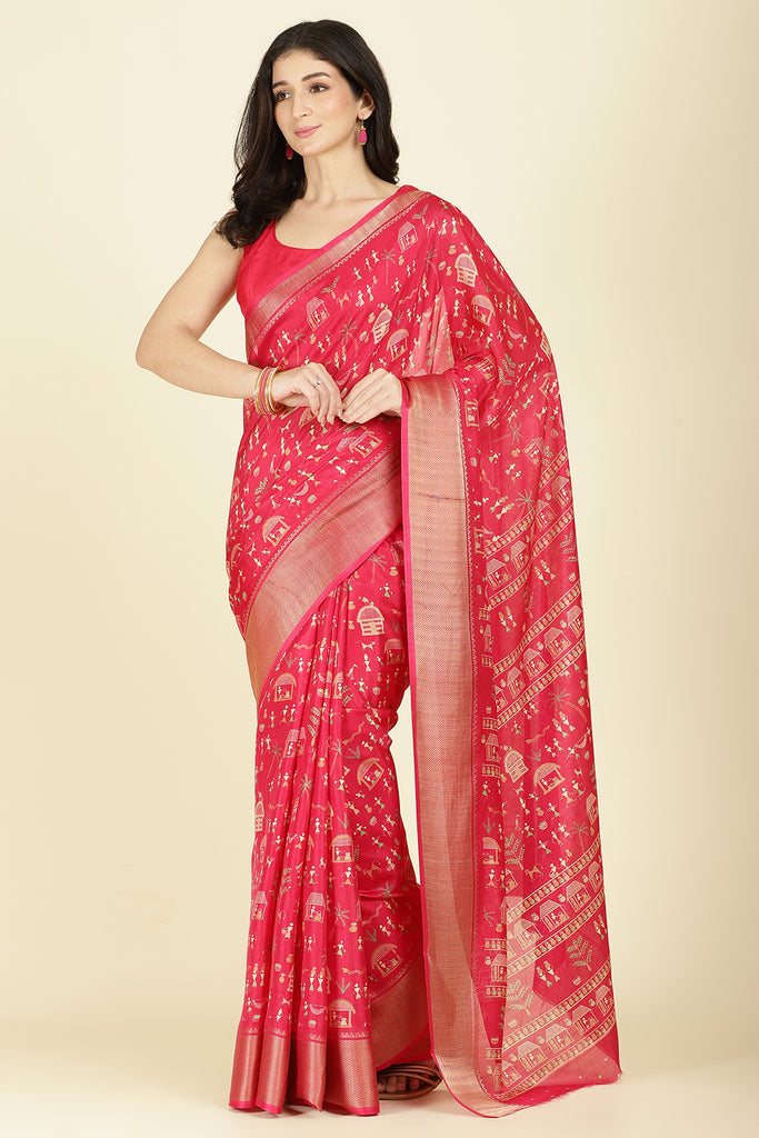 Raspberry Cotton Silk Printed Saree