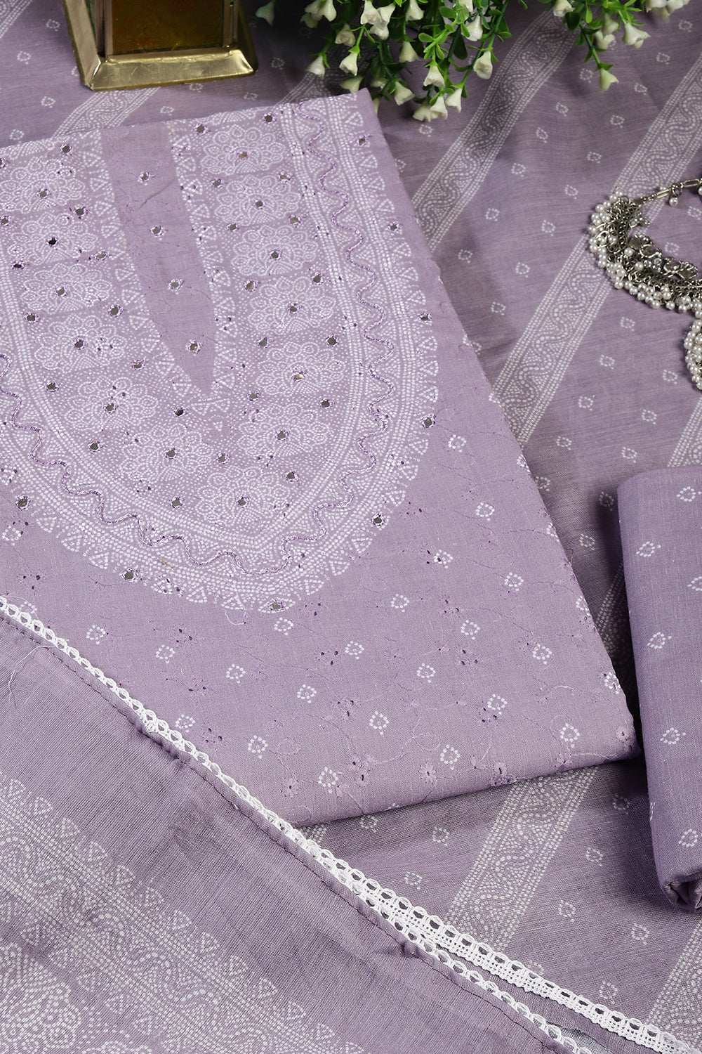 Lavender Color Printed & Resham Embroidered Unstitched Suit