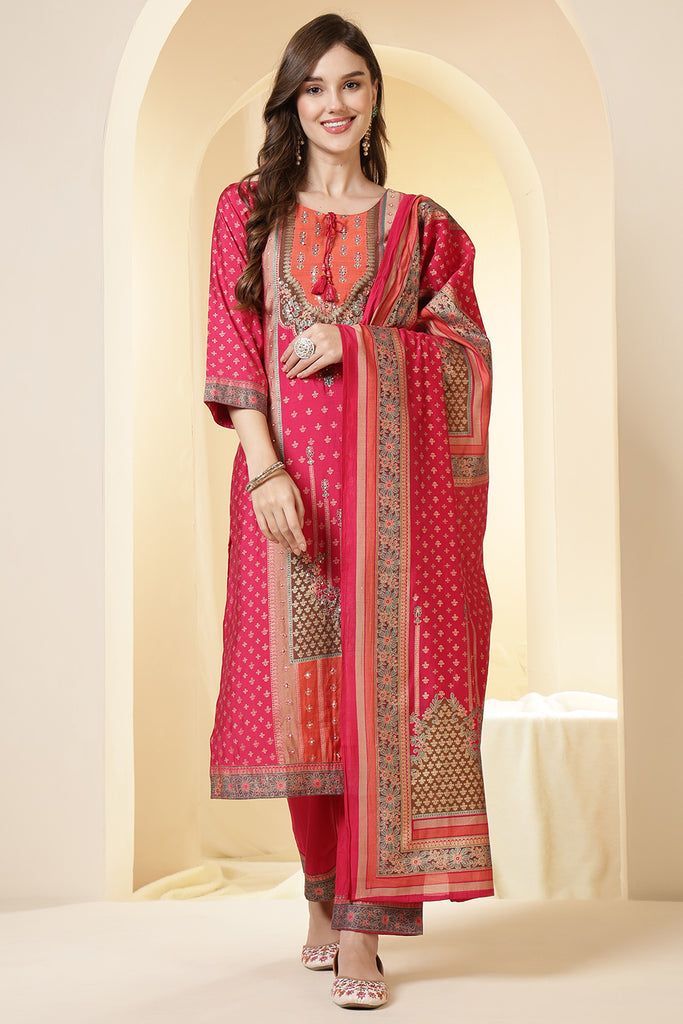 Fushia Pink Color Printed Silk Embroidered Suit Set