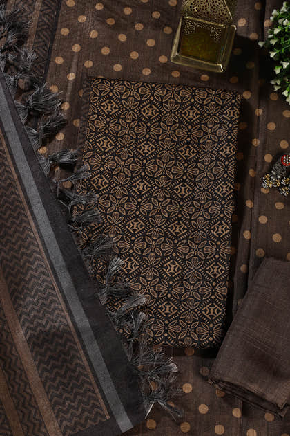 Mehandi & Black Chanderi Cotton Printed Unstiched Suit Material