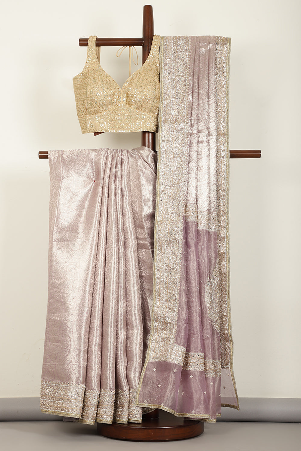 Mauve Color Pure Tissue Handloom Zari Saree with Kundan & Zardozi Handwork