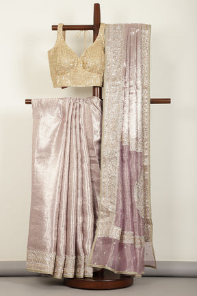 Mauve Color Pure Tissue Handloom Zari Saree with Kundan & Zardozi Handwork