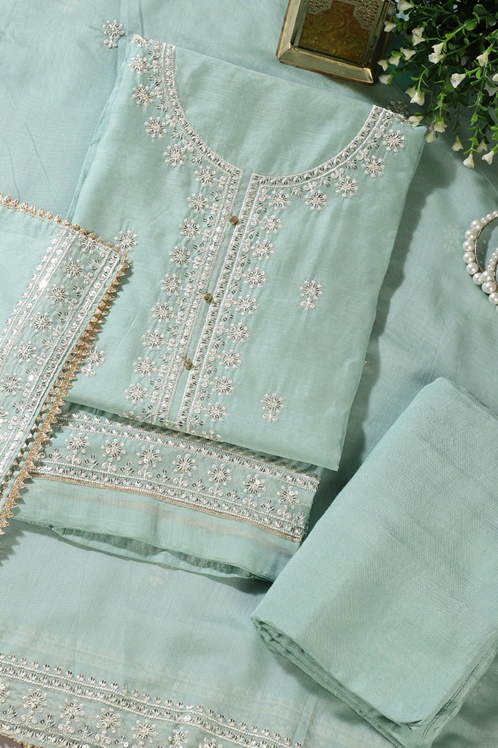 Sea Green Chanderi Silk Resham Embroidered Unstitched Suit Material