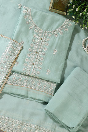 Sea Green Chanderi Silk Resham Embroidered Unstitched Suit Material