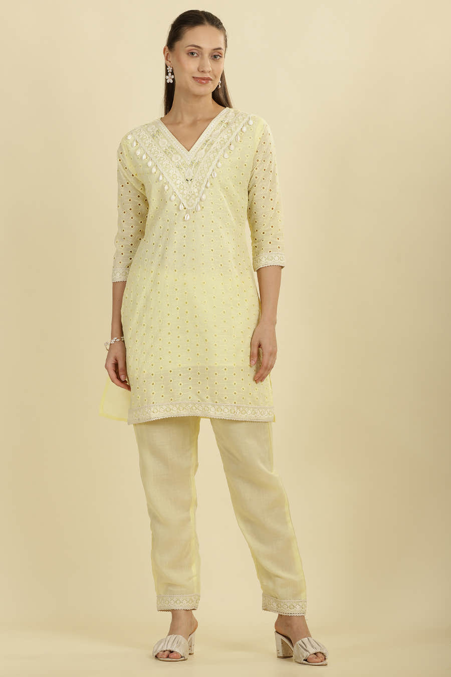 Pale Yellow Cotton Hacoba Style Neck-Embroidered Kurta Set