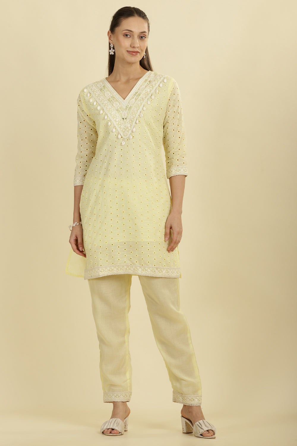Pale Yellow Cotton Hacoba Style Neck-Embroidered Kurta Set