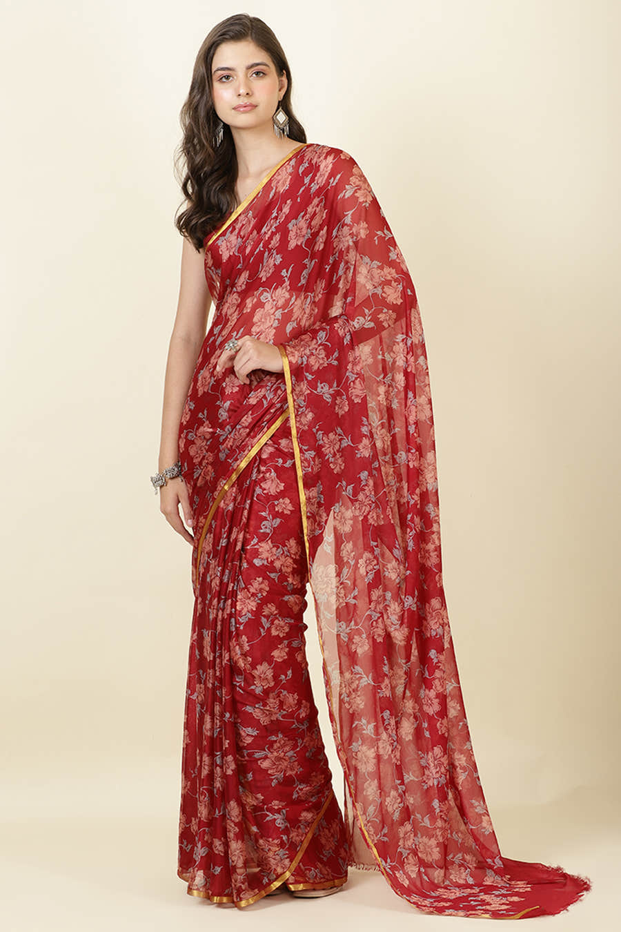 Maroon Zari Border & Floral Printed Chiffon Saree