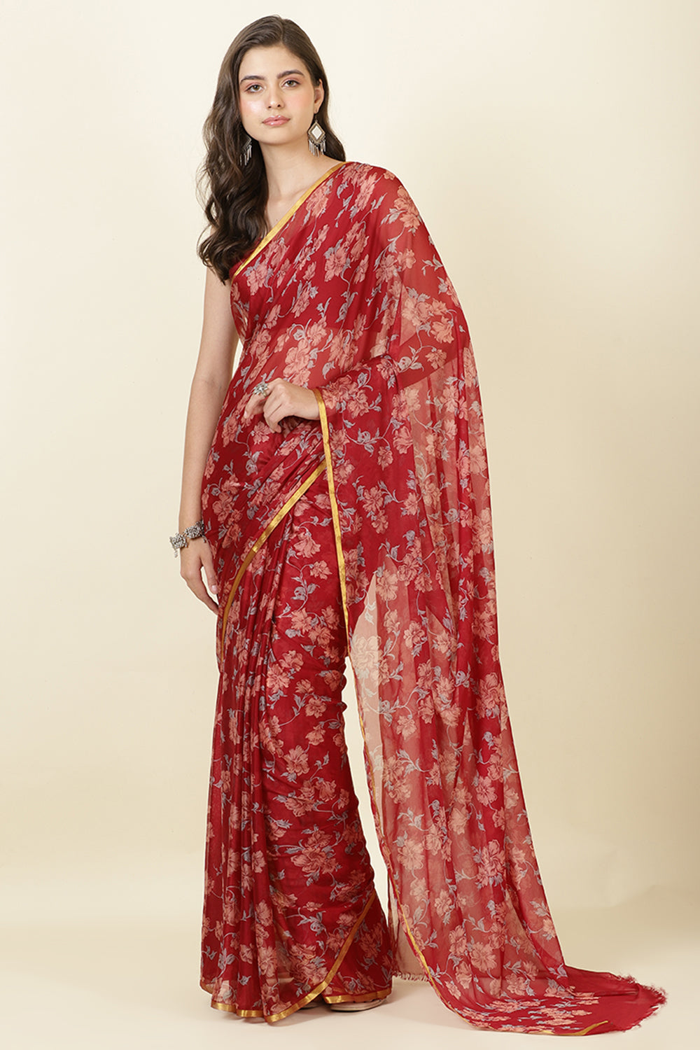 Maroon Zari Border & Floral Printed Chiffon Saree