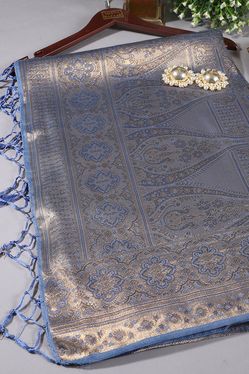 Greyish Blue Colour Silk Zari Woven Saree