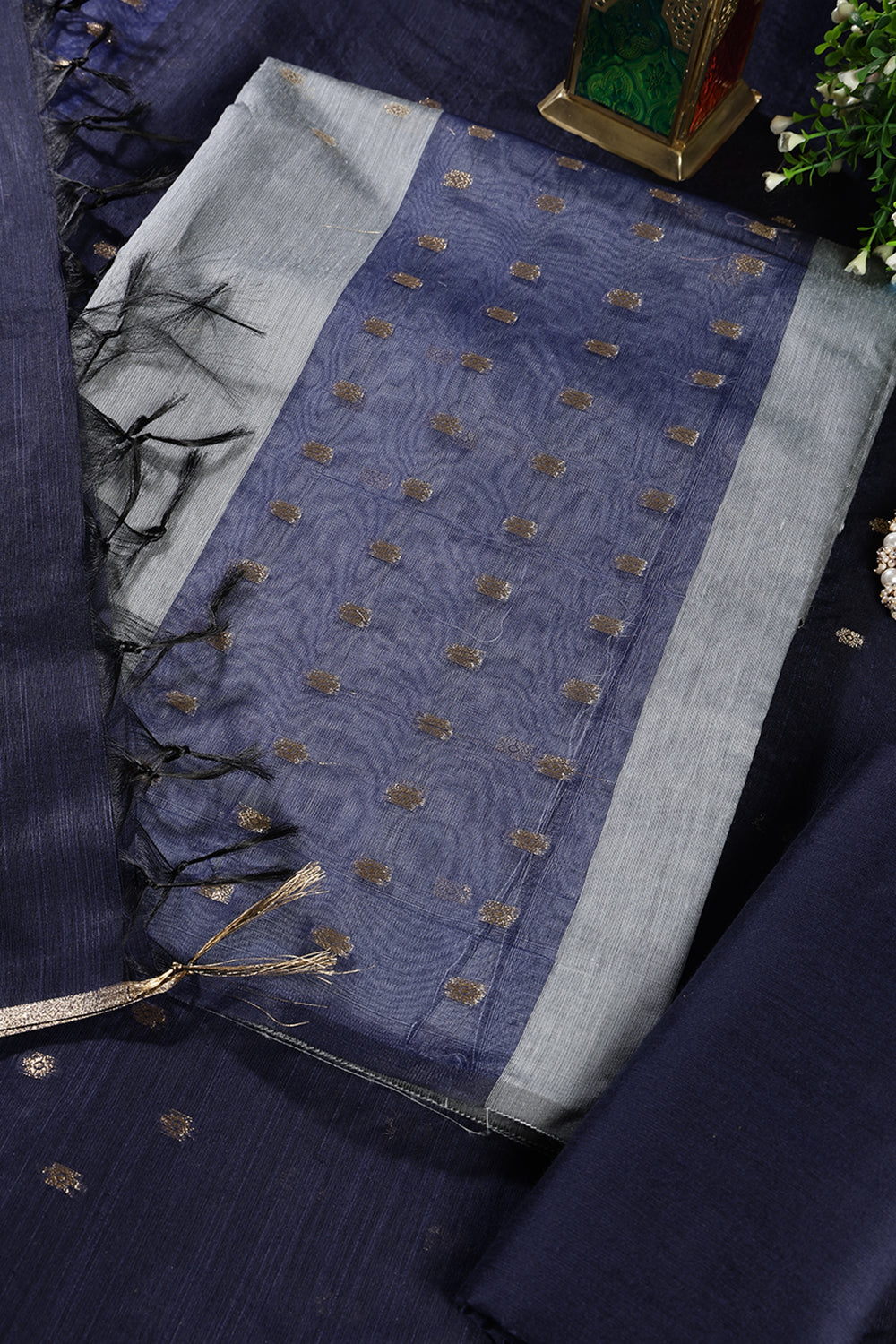 Grey Chanderi Cotton Zari Woven Unstitched Suit Fabric
