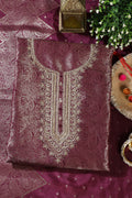 Wine Silk Zari Woven And Embroidered Unstitched Suit Material