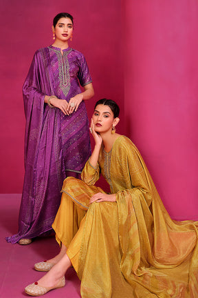 Mustard Color Silk Embroidered Unstitched Suit Fabric
