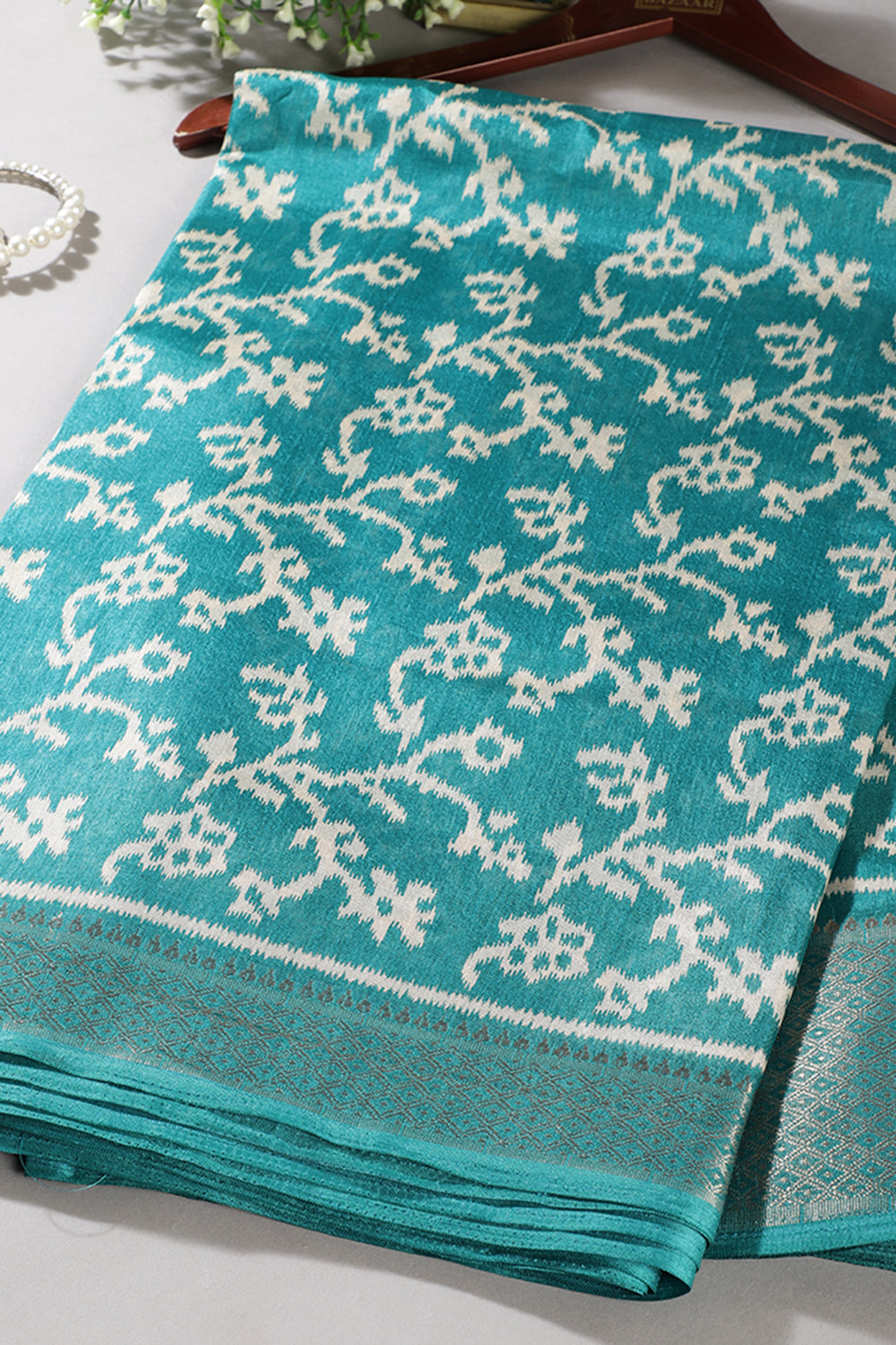 Firozi Color Cotton Silk Printed Saree