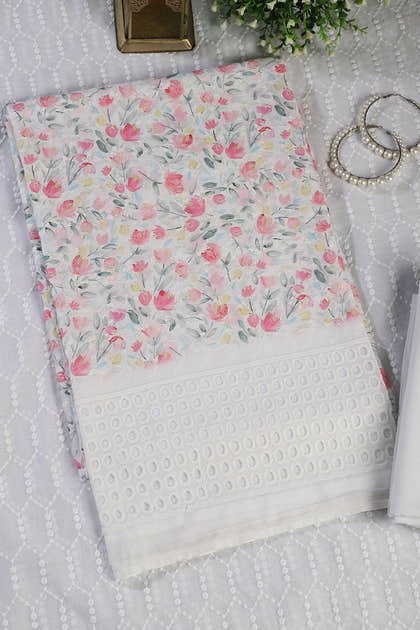 White & Pink Cotton Floral Printed and Resham Embroidered Unstitched Suit Material