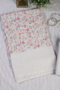 White & Pink Cotton Floral Printed and Resham Embroidered Unstitched Suit Material