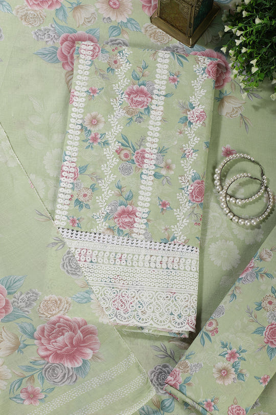 Green Color Cotton Flower Printed and Lace Work Unstitched Suit Fabric