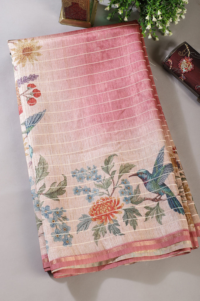 Dusty Pink Tussar Silk Printed Saree