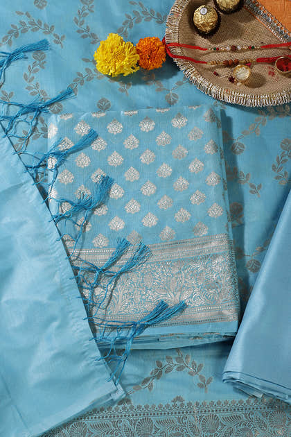 Light Blue Silk Zari Woven Unstitched Suit Fabric