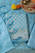 Light Blue Silk Zari Woven Unstitched Suit Fabric