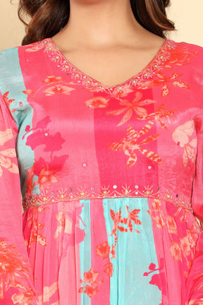 Pink Color Crepe Printed Alia-Cut Suit