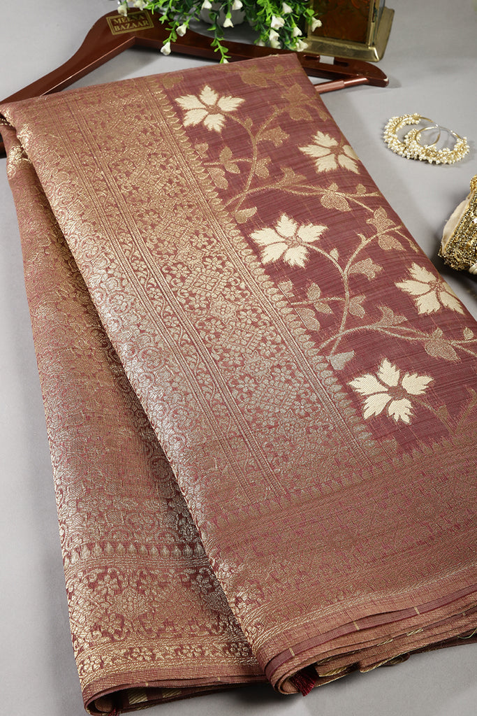 Wine Color Chanderi Cotton Floral Zari Woven Saree