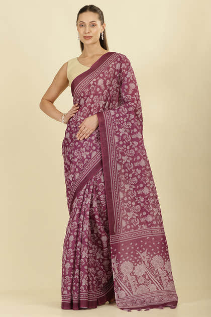 Purple Kota Cotton Floral Jaal Printed Saree