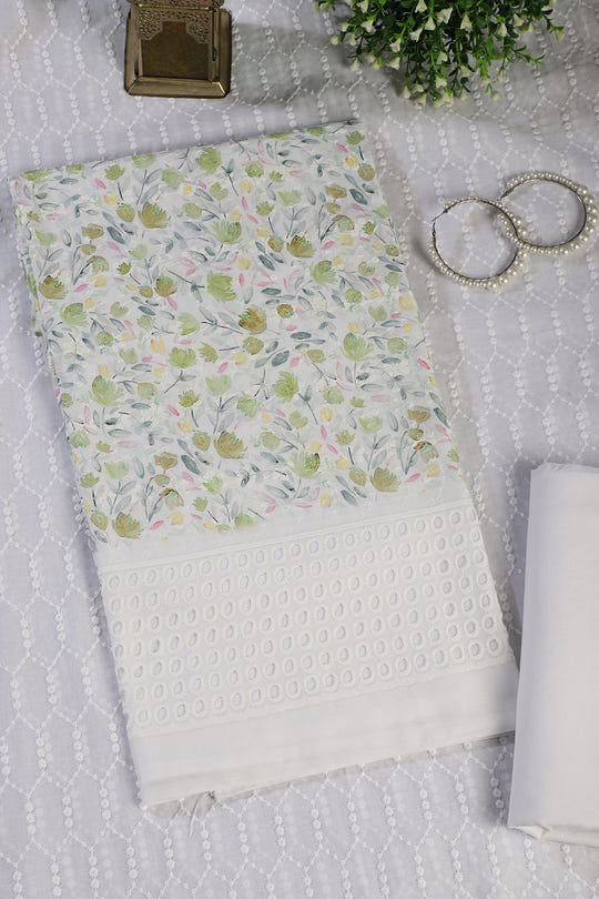 White & Green Cotton Floral Printed and Resham Embroidered Unstitched Suit Material