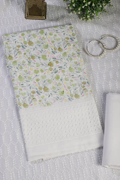 White & Green Cotton Floral Printed and Resham Embroidered Unstitched Suit Material