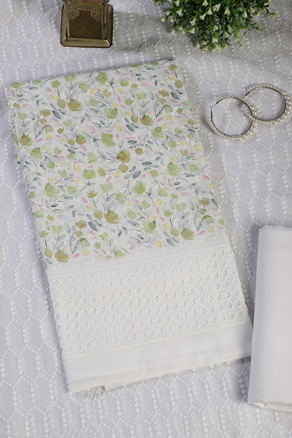 White & Green Cotton Floral Printed and Resham Embroidered Unstitched Suit Material