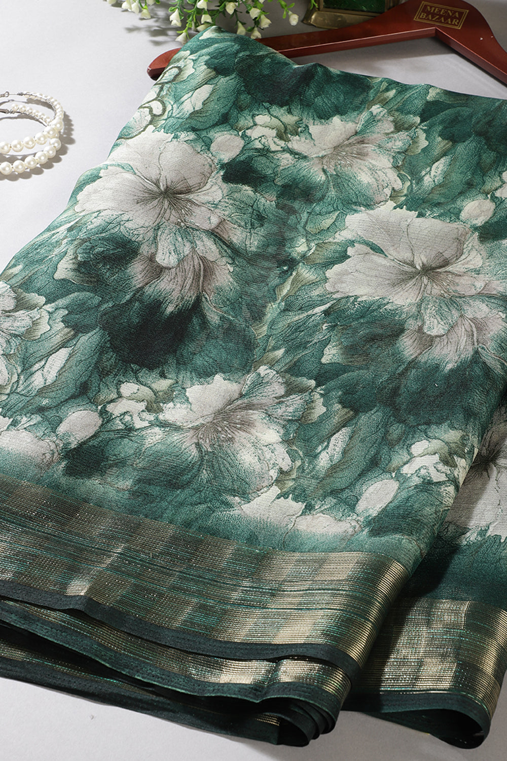 Bottle Green Color Chiffon Floral Printed Saree